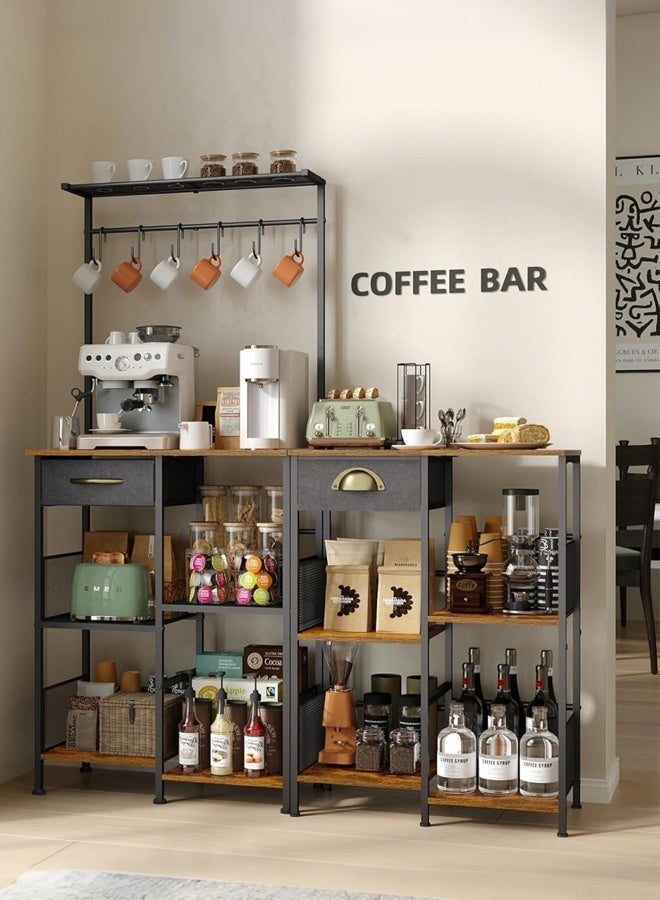 Forthcan 5-Tier Coffee Bar Station, Coffee Maker Stand with Drawer, Hooks & Wire Basket, Rustic Bakers Rack for Kitchen, Living Room or Café - Image 5